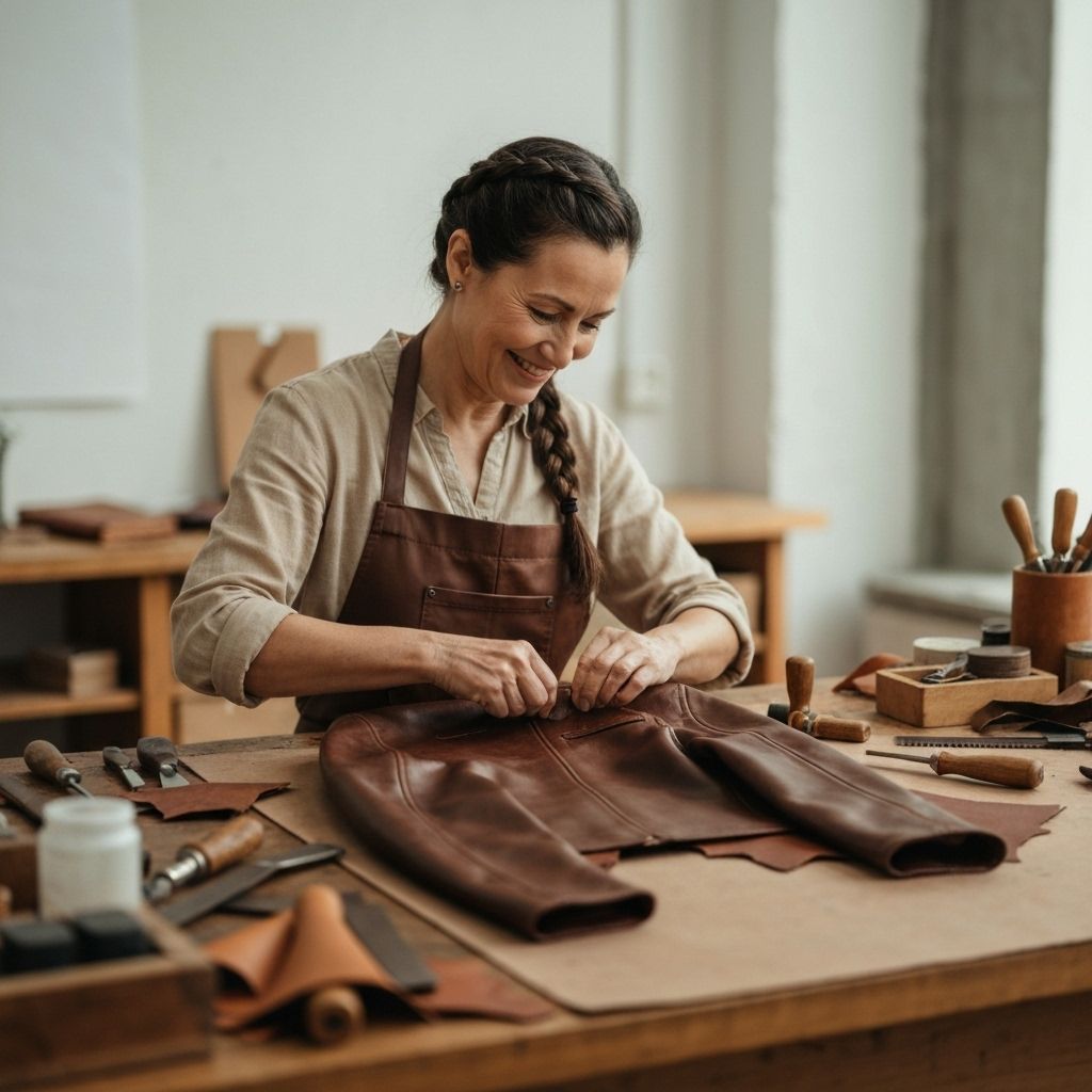 Artisan handcrafting a walnut brown leather jacket at a workbench